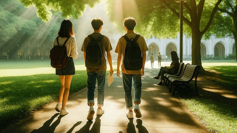 木漏れ日のキャンパスを歩く大学生3人